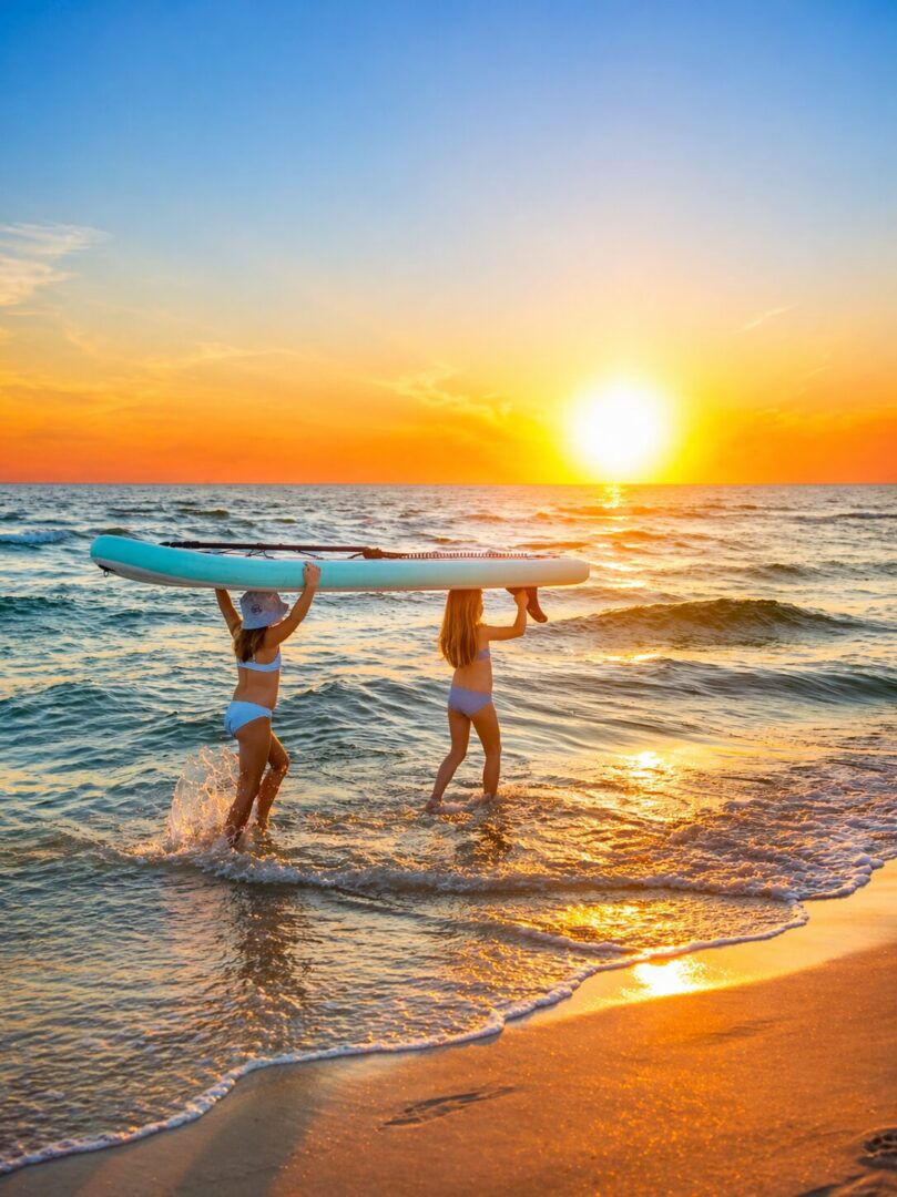 Two women hauling SUP across golden surf