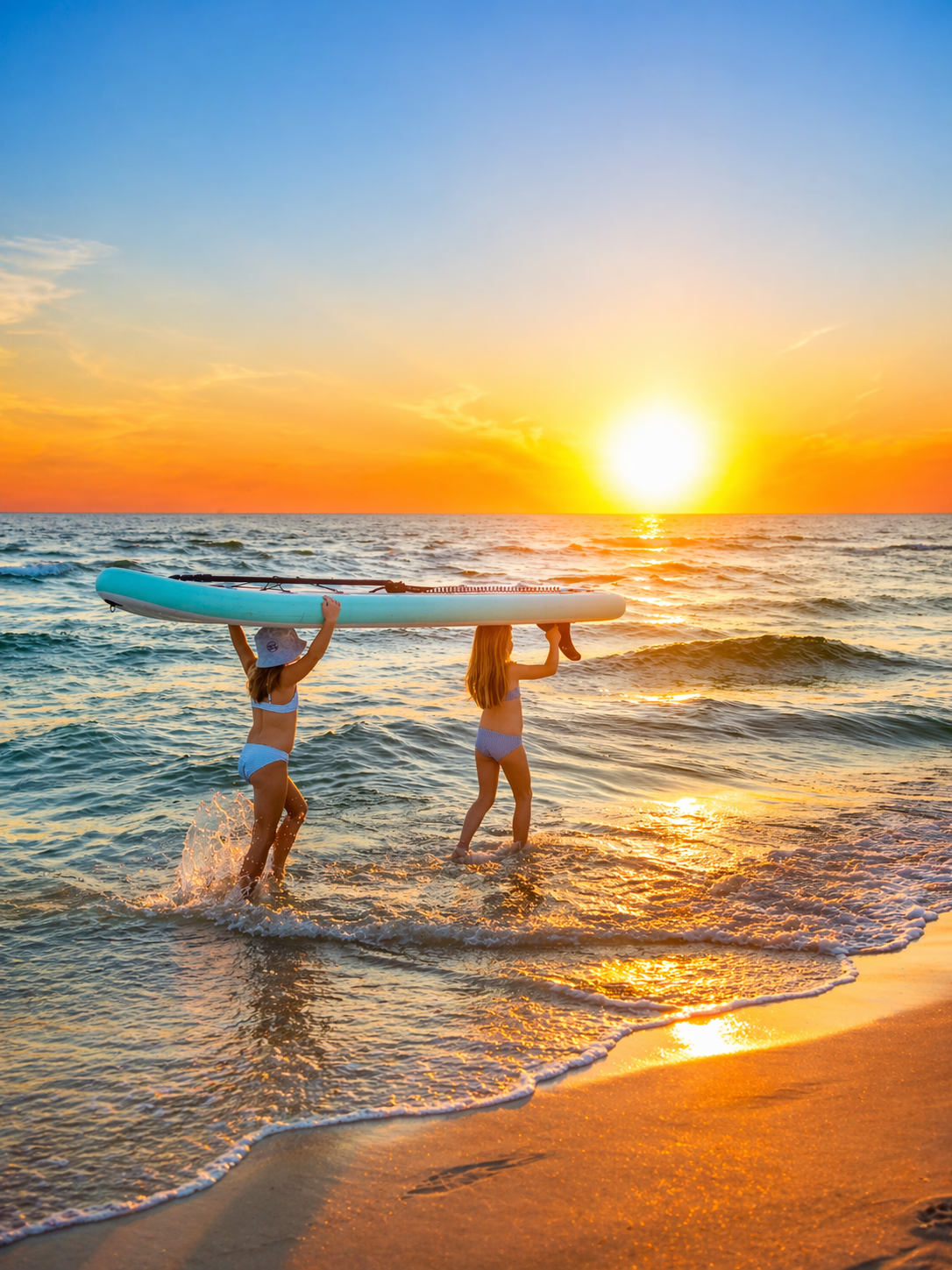 Girls carrying paddleboard into sunset