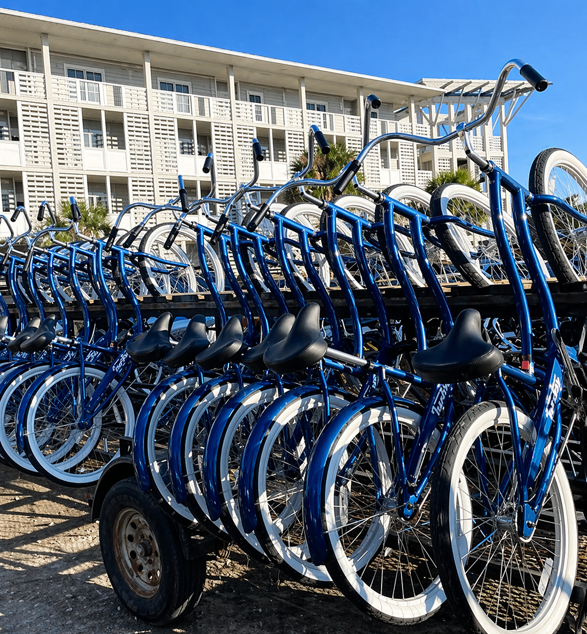 Blue bikes with whitewall tires parked in rows