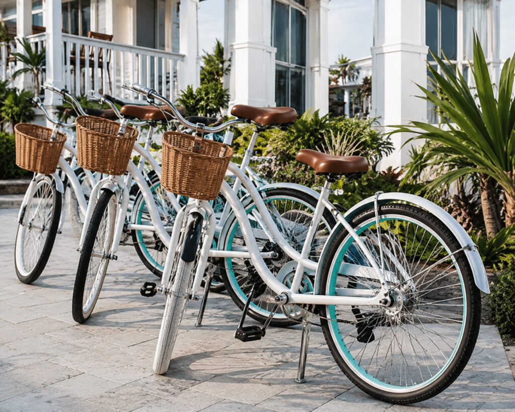 Row of white bicycles with wicker baskets