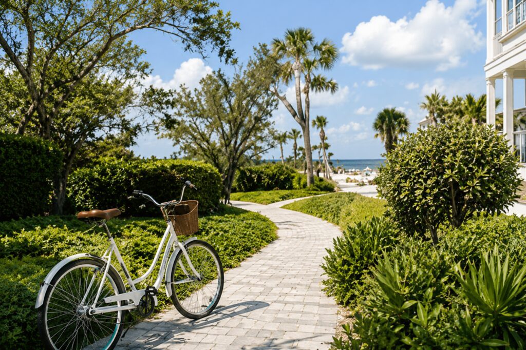 Bicycle on path toward beach and palms