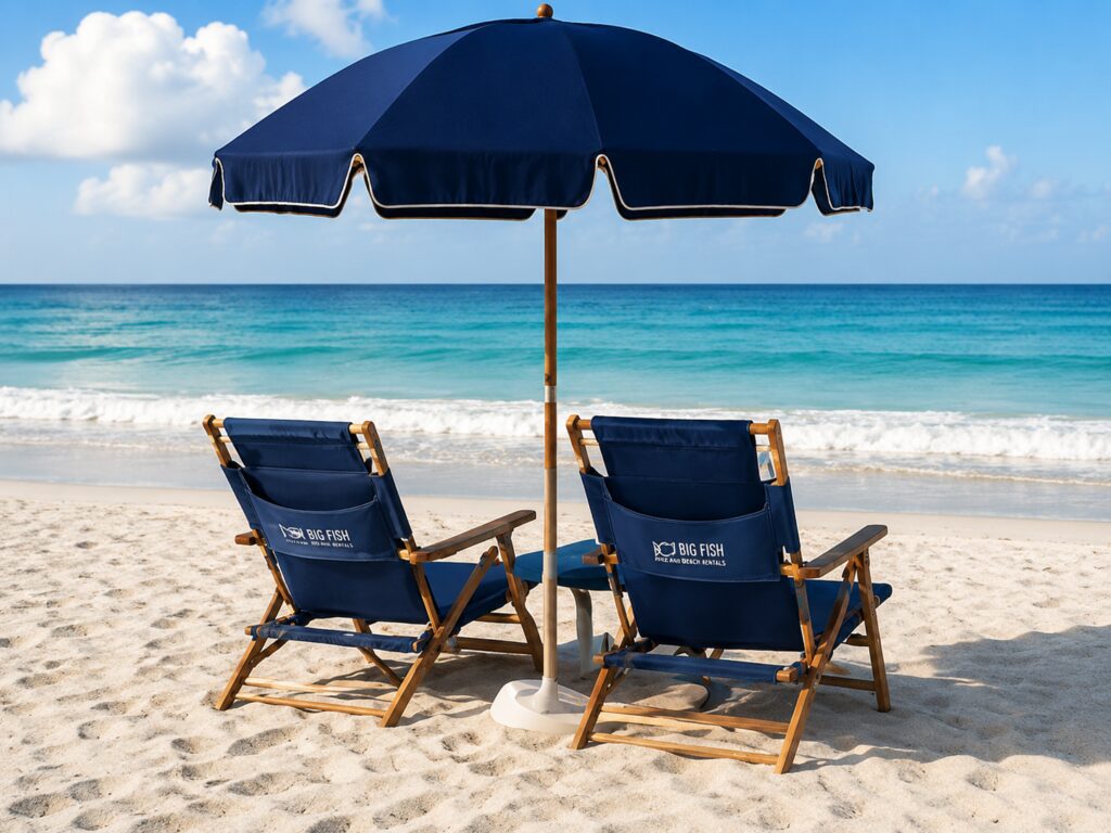 Two blue beach chairs under umbrella by ocean