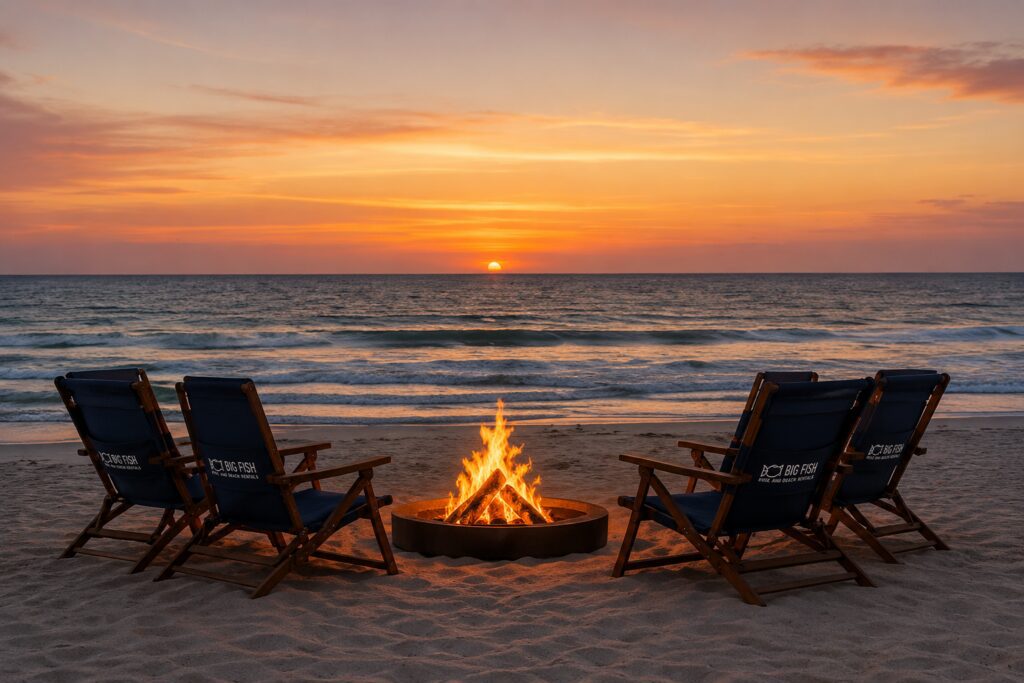Chairs around beach bonfire at sunset