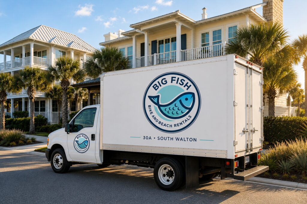 Big Fish rental truck parked by beach houses